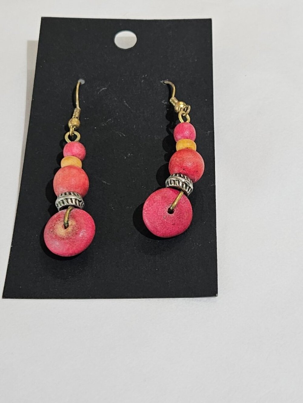 Vintage Wooden Beaded Dangle Earrings Red Brown Silvertone Goldtone Hooks 1.5 in